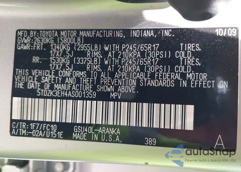 2010 Toyota Highlander Base V6 from USA, damaged, VIN 5TDZK3EH4AS001359